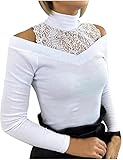 Onsoyours Damen Spitze Bluse T-Shirt Sexy Schulterfreies Langarmshirt Slim Fit Einfarbig Patchwork Spitzenbluse Elegant Tunika Oberteil Top Casual Weiß S