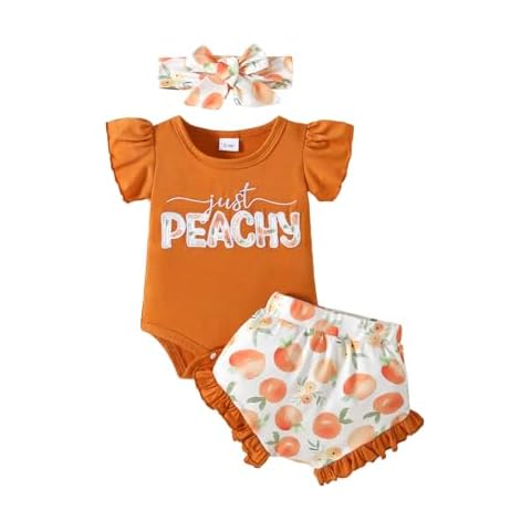 Youweixiong Newborn Infant Baby Girl Summer Clothes Ruffle Short Sleeve Just Peachy Romper+Peach Bloomer Shorts+Headband Cute Outfit 3Pcs (Orange, 6-9 Months) Cover