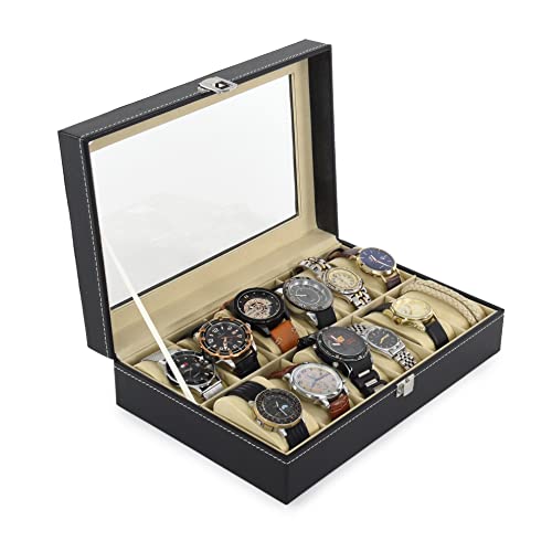 Recopilación y reviews de Roperos sencillos - cinco favoritos. 25 BREEZEE MARKET Organizador De Relojes, Joyas Y Accesorios Con 12 Espacios Con Almohadillas De Terciopelo Suave, Piel Y Vidrio, Armario Closet Vestidor, Estuche Joyero Exhibidor De...