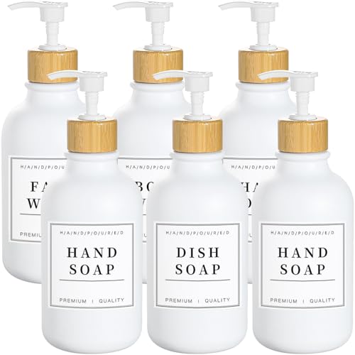 White Plastic Soap Dispenser, 6 Pack 16.9 fl oz Refillable Shampoo and Conditioner Bottles with Bamboo Pump for Bathroom and Kitchen, Reusable Soap Lotion Bottles