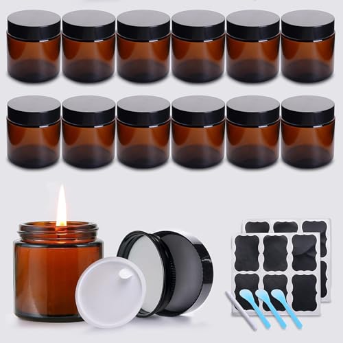 12 Pack Amber Glass Jars with Lids, Candle Jars with Metal and Plastic Lids, 4oz Glass Cosmetic Containers with Inner Liners for Creams, Lotions, Bath Salts, Essential Oil