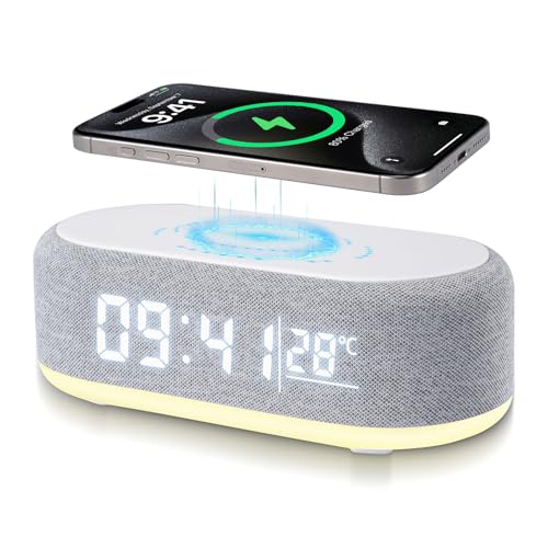 LIDOUYA Despertador Digital 4 en 1, Cargador Inalámbrico, Despertador Inteligente con indicador de luz y Temperatura, Brillo Ajustable