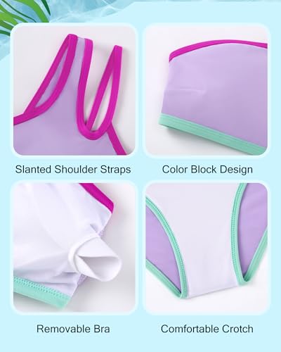 Image of Redair Girls Swimsuit Two Piece One Shoulder Bathing Suit with Chest Pad Color Block Bikini 7-16 Years