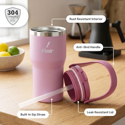 Image of FLAIR Rage Vacuum Insulated Coffee Tumbler 500 ml Pink | 2-in-1 Lid (Straw & Sip)| 304 Double Wall Stainless Steel | Leak-Proof Lid | Hot & Cold Travel Mug with Handle | BPA-Free