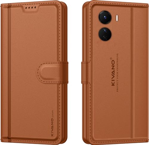 Image of KIVANO LUXE Compatible for Vivo T2x 5G / Vivo Y56 5G / Vivo Y16 4G Luxury Handmade Leather Magnetic Flip Folio Case | Card Holder & Kickstand | Slim Protective Cover | Unisex - Brown