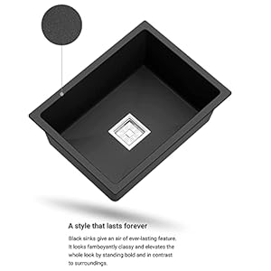 CANCRI Quartz Single Bowl 24 x 18 x 9 inches Kitchen Sink Quartz Single Bowl Kitchen Sink Matt Finish | With Sink Coupling Waste Pipe (Marvel Black)