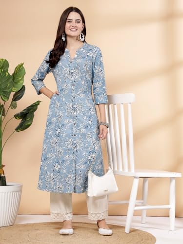 Image of Pistaa's Women's Cotton Regular Fit A Line Floral Print A-Line Regular Kurta