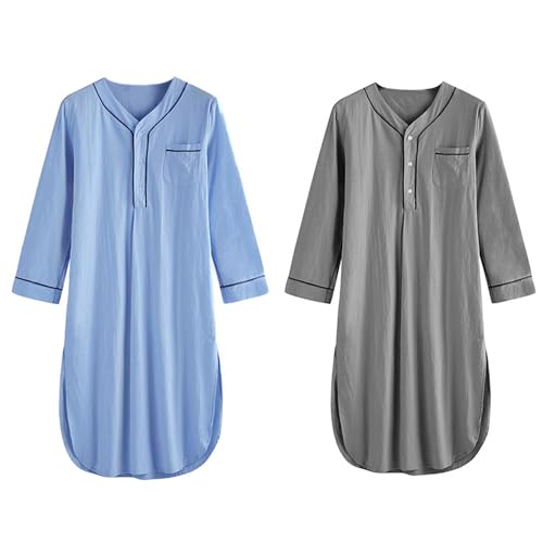 mens nightgown Men's Nightshirt Long Sleeve Night Sleep Shirts Soft Comfy Nightgown Mid-Length Pajama, XL, Grey4