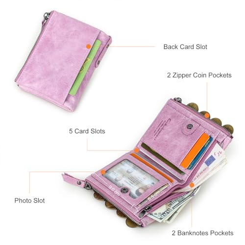 Image of CONTACTS Soft Leather Wallet for Women Small Bifold Coin Purse Double Zipper Card Holder with RFID Blocking (Pinkish Purple)