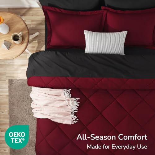 Image of downluxe 7 Pieces Queen Comforter Set with Sheets, Reversible Bed in a Bag for All Seasons with Comforter, Flat Sheet, Fitted Sheet, 2 Pillowcases and 2 Pillow Shams, Black /Red