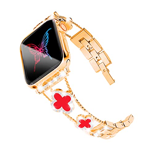 Eliphonic Cute Luxury Diamond Stainless Steel Metal Glitter Apple Watch Band 38Mm 40Mm 41Mm 42Mm 44Mm 45Mm For Iwatch Series 8/7/6/5/4/3/2/1/Se Womens Metal Wristband Strap(Gold/Red, 38/40/41Mm) #TOP1