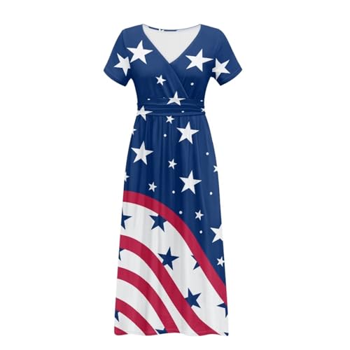 Image of Women's Fall Summer Short Sleeve Ankle Length V-Neck Party Dress with Pockets Size S-3XL