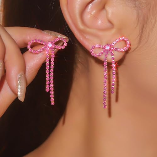 Silver Rhinestone Sparkly Dangle Earrings - Hot Pink, Purple, Blue, Black, Red - Dainty Bow Earrings for Women - Christmas2