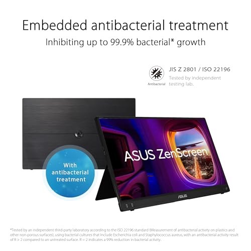 ASUS ZenScreen MB16ACV - 15,6 Zoll tragbarer USB Monitor - Full HD 1920x1080, Hybrid Typ-C, Autorotation, leichtes Design, Kickstand, Antibakteriell, Stativ Sockel - IPS Panel, 16:9, entspiegelt 5