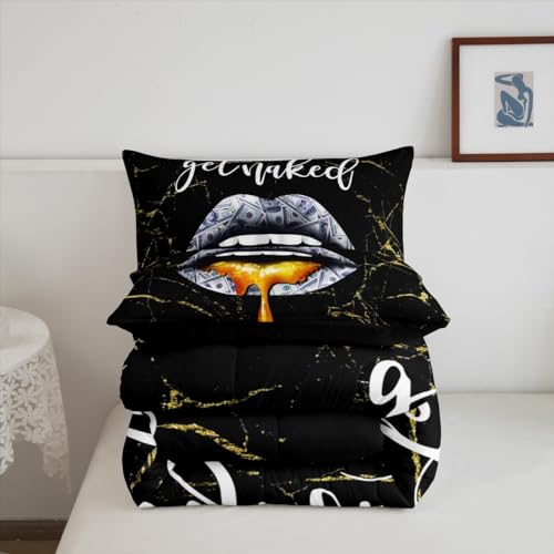 Image of Feelyou Get Naked Lips Bedding Set Full, US Dollars Black Gold Comforter Set Sexy Lips Comforter for Kids Black Golden Marble Duvet Set with 2 Pillow Case