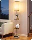 EDISHINE Lampadaire avec Étagères, Abat Jour en Lin et Structure en Métal Effet Bois, Douille E27, Lampe sur Pied LED avec 3 Étagères Rondes pour Salon, Chambre, Incl. LED 9W 2700K