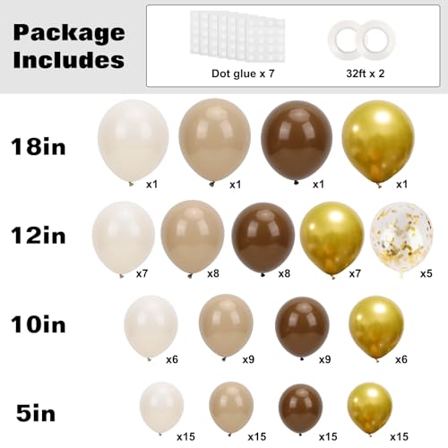 Image of RUBFAC Brown Balloon Garland Arch Kit 129pcs Different Sizes Pack of 18 12 10 5 Inch, Latex Light Brown Coffee Sand White Cream Beige Confetti Gold Balloon Garland Arch Kit for Neutral Boho Bear