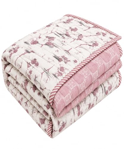 Image of RRC Floral Print Cotton Jaipuri Comforter for Single Bed | White & Green Lightweight AC Rajai | 200 GSM Quilt | Summer Comforter Pack of 1