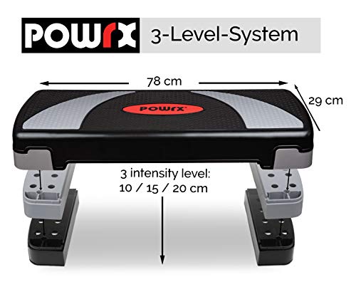 POWRX Steppbrett XL Premium extra groß inkl. Workout I Hometrainer 3-Stufen höhenverstellbar I Home-Stepper für zuhause Stepbench Gym Aerobic Steppbank aerobic brett