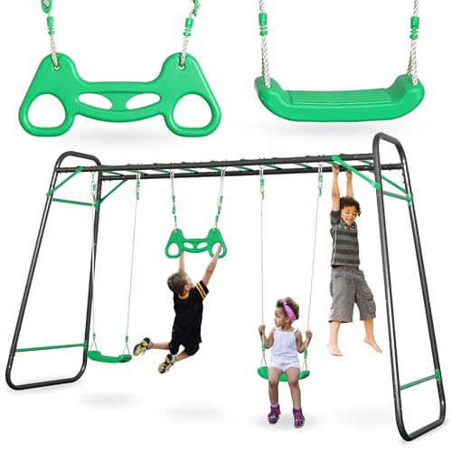 HyperMotion Gartenschaukel-Set XXL: 2 Schaukelsitze, Kletterleiter und Turntrapez - Stabiler Stahlrahmen belastbar bis 150 kg - Outdoor-Spielgerät für den Garten