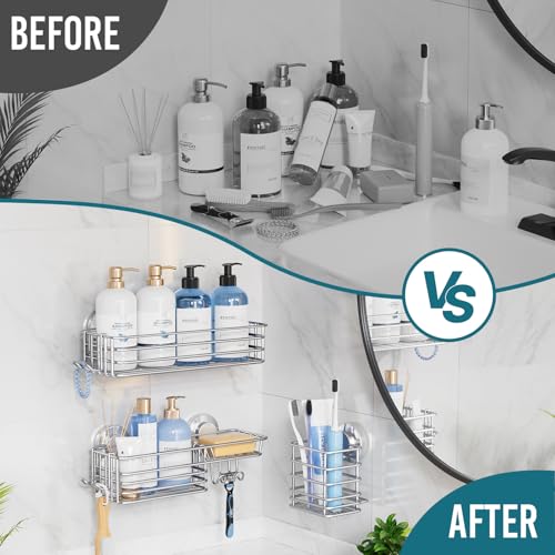 Image of TAILI Shower Caddy Suction Cup, 3 Pack Shelves for Inside with Hooks | Rustproof Silver Storage, Soap Holder, Toothbrush Cups, Removable Bathroom Organizer