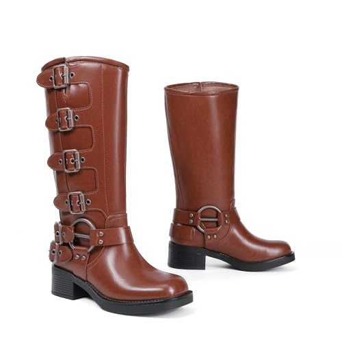 DREAM PAIRS Women's Knee High Biker Moto Boots,Brown,6.5 - image 7