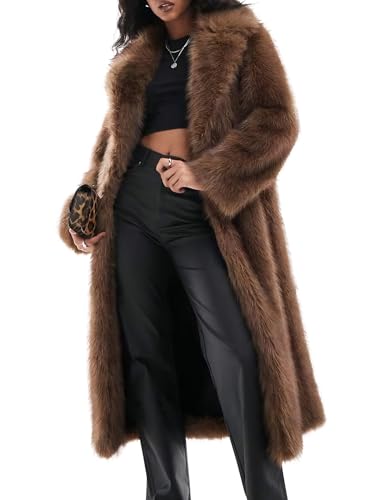 COZYPOIN Womens Long Faux Fur Coat Long Sleeve Lapel Furry Fur Jackets Winter Warm Fluffy Outerwear Shaggy Overcoat(Brown-S)