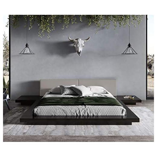 Limari Home Albina Collection Modern Style Bedroom Wenge Veneer Finished Leatherette Upholstered Platform Low Profile Bed, Queen, Black, Gray