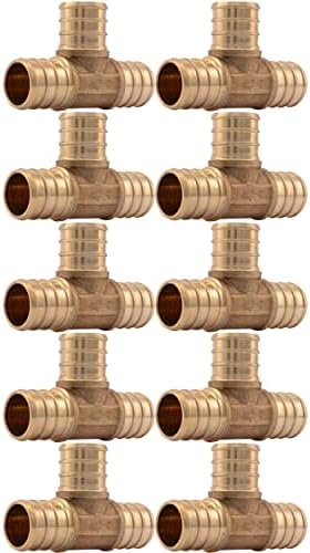 SharkBite 3/4 Inch Crimp Tee, Pack of 10, Brass Plumbing Fitting, PEX Pipe, PE-RT, UC370LFA10