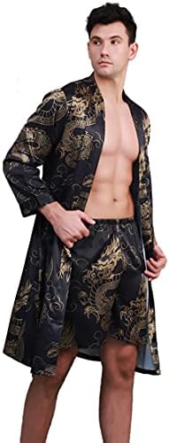 COSOSA Men’s Satin Robes with Shorts Lightweight Sleepwear Long Sleeve Kimono Print Bathrobe
