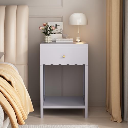 Night Stand Nightstand with Drawer and Open Shelf, Cute Scalloped Edge Bedside Table for Girls Bedroom, Modern Wood End Table, Coquette Preppy Room Decor for Bedroom, Dorm