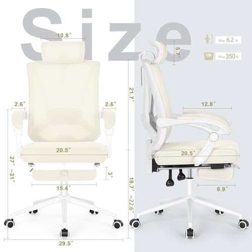 Misolant Ergonomic Office Chair with Footrest, Ergonomic Desk Chair with Adjustable 2D Lumbar Support, High Back Computer Chairs with Adjustable Headrest, Beige Comfortable Executive Office Chair