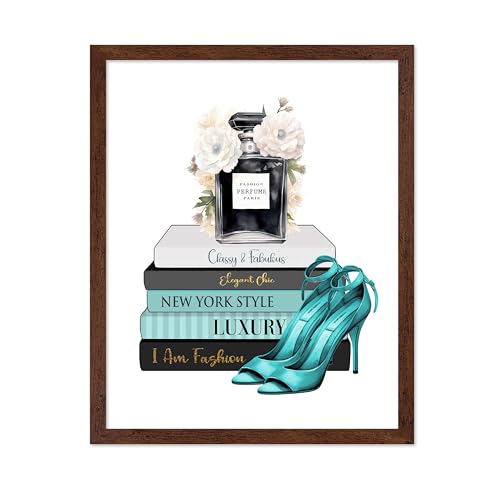 Image of Poster Master Fashion Print - Blue Designer Poster - Shoes & Perfume Art - Chic Gift for Her & Fashionista - Luxury Haute Couture Decor for Bedroom or Girl's Room - 8x10 Brown Framed