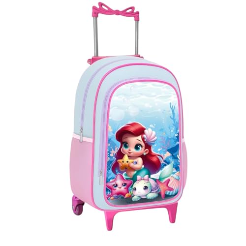 Mochila Escolar de Rodinhas Infantil Bolsa Resistente Compartimentos Grande Menina Sereia