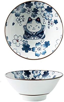 SCAU 7 Inch Cartoon Lucky Cat Ceramic Ramen Bowl Soup Salad Rice Porcelain cute Lucky Cat Cereal Bowl Japanese Style Set 2 gift blue Round shape (Cat-No2)