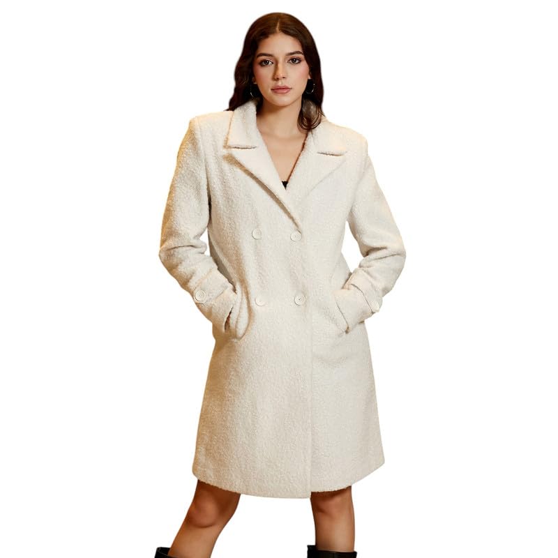 Image of PINACOLADA Women's Double-Breasted Fleece Long Coat for Casual Wear | Lapel Collar | Long Sleeve | Button Closure | Coat Crafted with Comfort Fit for Everyday Wear