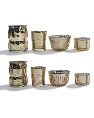 Dn Deconation Gold Mercury Glass Candle Holder, Mercury Glass Votives, Vintage Votive Tealight Candle Holders With Geometric Design, Set Of 8 #TOP25