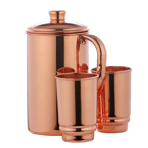 Copper Pitcher 50.72 oz with 2 Tumblers Set | Pure Copper Water Jug & Tumblers Set for Home & Wellness, Plain Finish Handcrafted for Daily Hydration & Natural Living