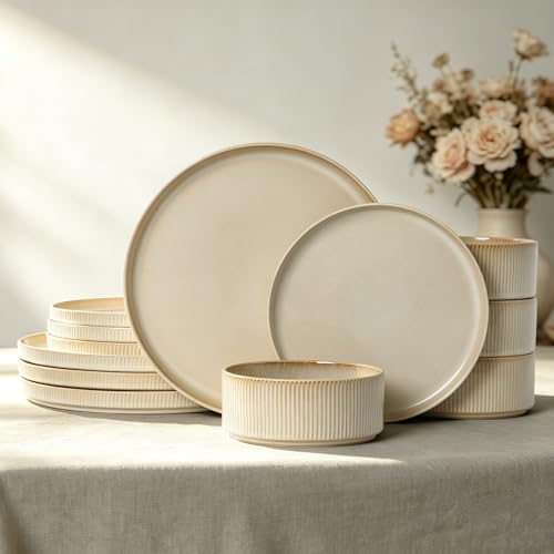 Image of Stoneware Dinnerware Sets, Plates and Bowls Sets for 4, 12-Piece Ribbed Dishes - Chip & Scratch Resistant, Microwave and Dishwasher Safe Tableware, Beige