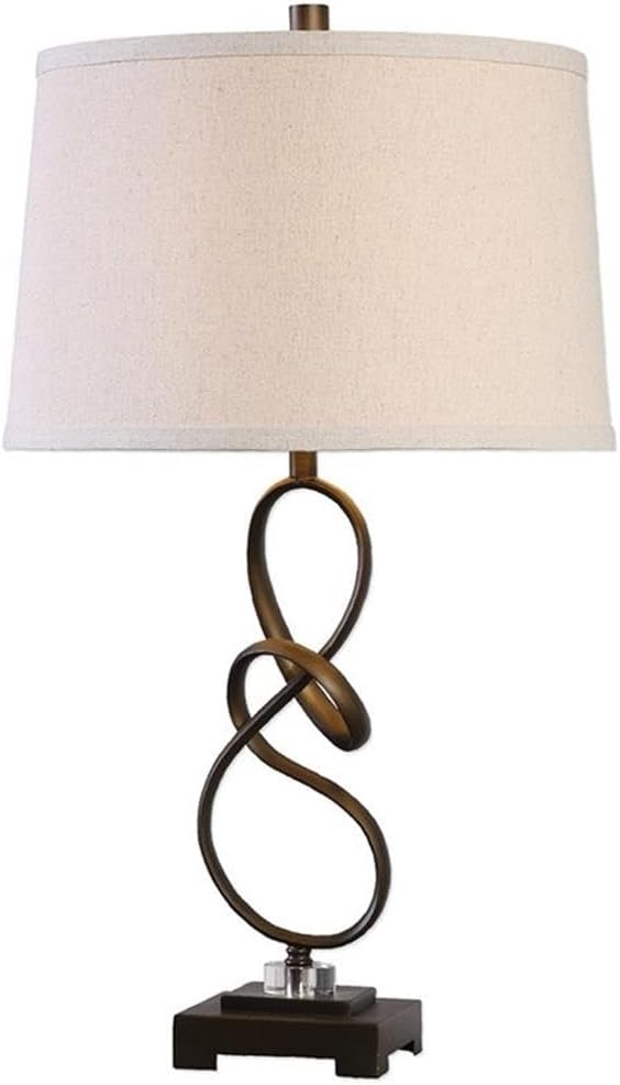 BOWERY HILL Modern Table Lamp, 27.25 in Tall, Oil Rubbed Bronze and Light Beige Finish, Steel and Crystal Base, Tapered Round Hardback Shade, 3-Way Socket, Ideal for Living Room or Bedroom
