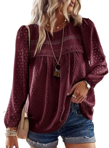TUUHAW Blusa Mujer Manga Larga Boho Top Elegante con Cuello Redondo Otoño Casual Túnica Punto Suizo Color Sólido Estilo Retro Bordado Encaje Camiseta Básica Informal Suelto Ropa Borgoña XL