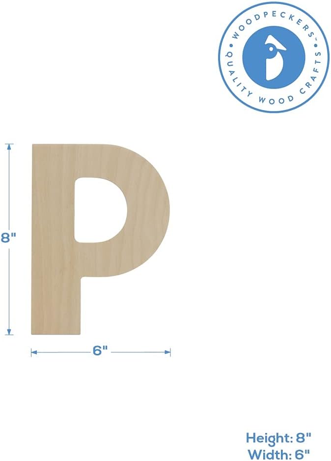 Wooden Letter P Cutouts 8", Wooden Letters for Wall Decor, Home Decor, Crafts, and Party Decorations by Woodpeckers