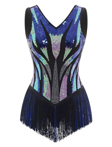 EFOGEP Damen Latein Tanzkleid Pailletten Fransen Salsa Tanzkostüm Jazz Tanz Body für Bühne Karneval Tanzshow Blue XS