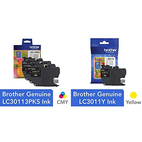Brother Genuine LC30113PKS 3-Pack Standard Yield Color Ink Cartridges, Page Yield Up to 200 Pages/Cartridge & Printer LC3011Y Single Pack Standard Cartridge Yield Up to 200 Pages LC3011 Ink Yellow
