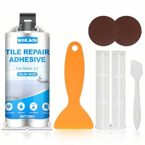 WEILAOK Kit Reparacion Bañera Blanco, Kit Reparacion Baldosas, Kit Reparacion Plato Ducha Resina, Reparar Bañera Picada, Reparador de Esmalte Cerámica Porcelana, Grietas, Agujeros y Arañazos, 100g