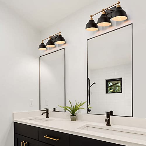 Image of KSANA Bathroom Light Fixture, 3-Light Black Bathroom Vanity Lights with Gold Socket, 24.5'' Large Modern Farmhouse Bathroom Lighting with Black Metal Shade