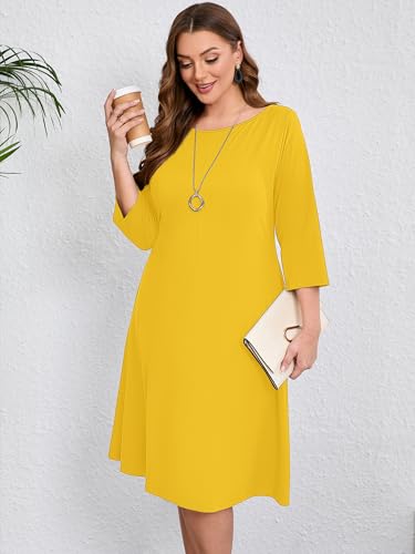 Image of AusLook Women's Plus Midi Dresses Crew Neck A Line 3 /4 Sleeves Casual Elegant Loose Wedding Vacation Dress with Pockets