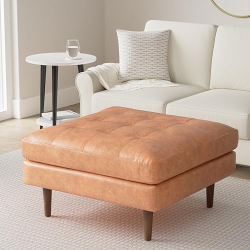 Poly & BARK Napa Ottoman - Full-Grain Leather Upholstered Ottoman with Feather-Down Topper - Couch for Living Room - Vintage Italian Leather in Cognac Tan