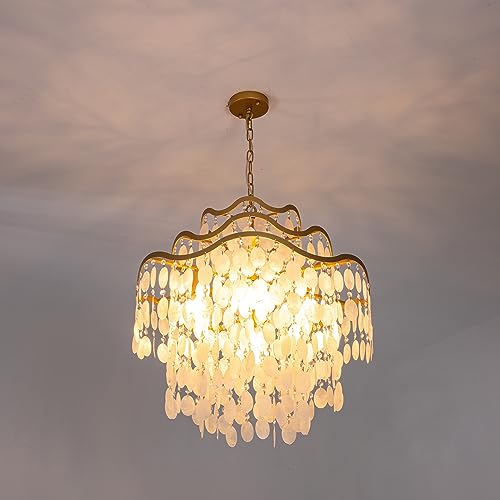 TOCHIC Capiz Shell Chandelier, 6 Lights Gold Coastal Chandeliers for Dining Room, Modern Seashell Ceiling Light Fixture with Crystal Beads for Living Room, Bedroom, Entryway, D-25.6" - Image 7