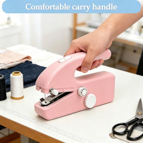 Image of Hand Held Sewing Machine for Adults & Beginners, with Pink Leather Storage Case and 112 PCS Sewing Kit, Portable Mini Hand Sewing Machine, Assorted Needles, Threads, Heavy Duty Scissors